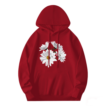 Fresh White Daisy Floral Red Hoodie, Unisex Soft Romantic Casual Sweatshirt