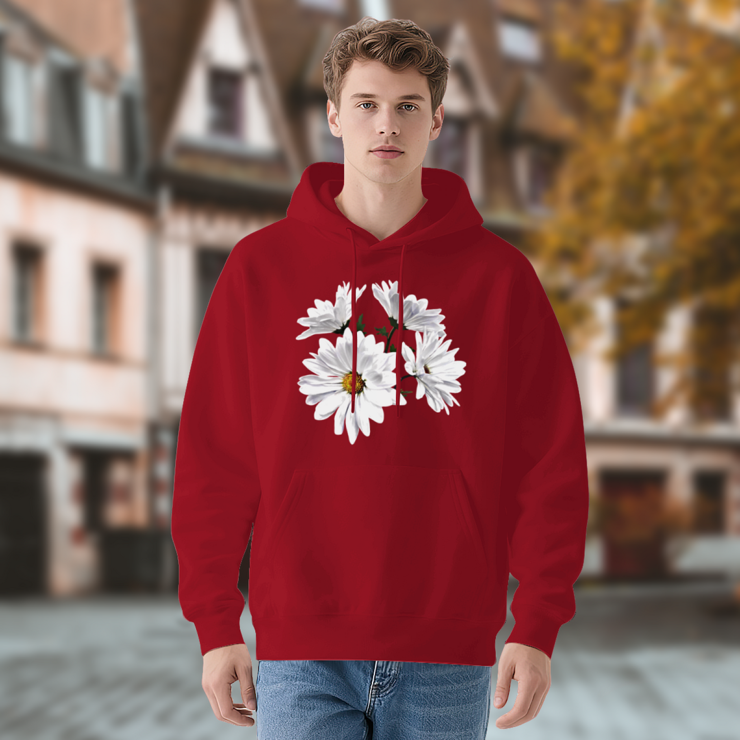Fresh White Daisy Floral Red Hoodie, Unisex Soft Romantic Casual Sweatshirt