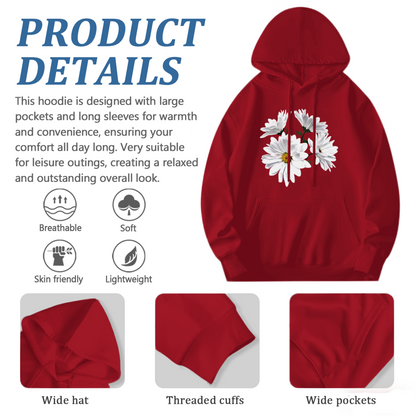 Fresh White Daisy Floral Red Hoodie, Unisex Soft Romantic Casual Sweatshirt