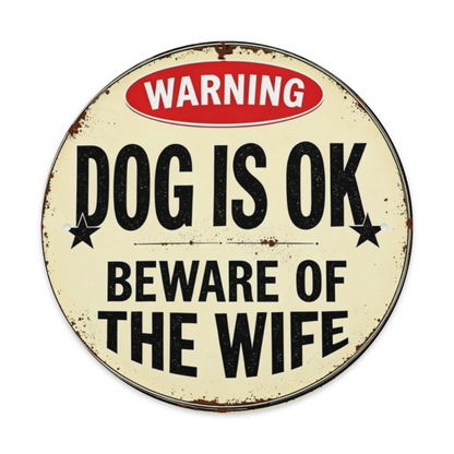 Funny Vintage Warning Round Tin Sign ¨C Dog Is Ok Beware Of The Wife