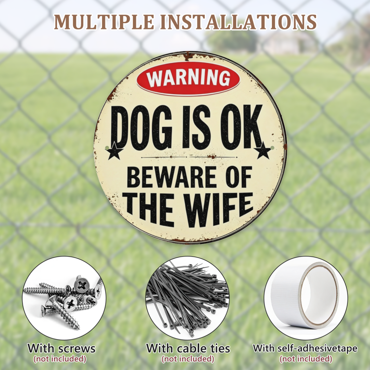 Funny Vintage Warning Round Tin Sign ¨C Dog Is Ok Beware Of The Wife