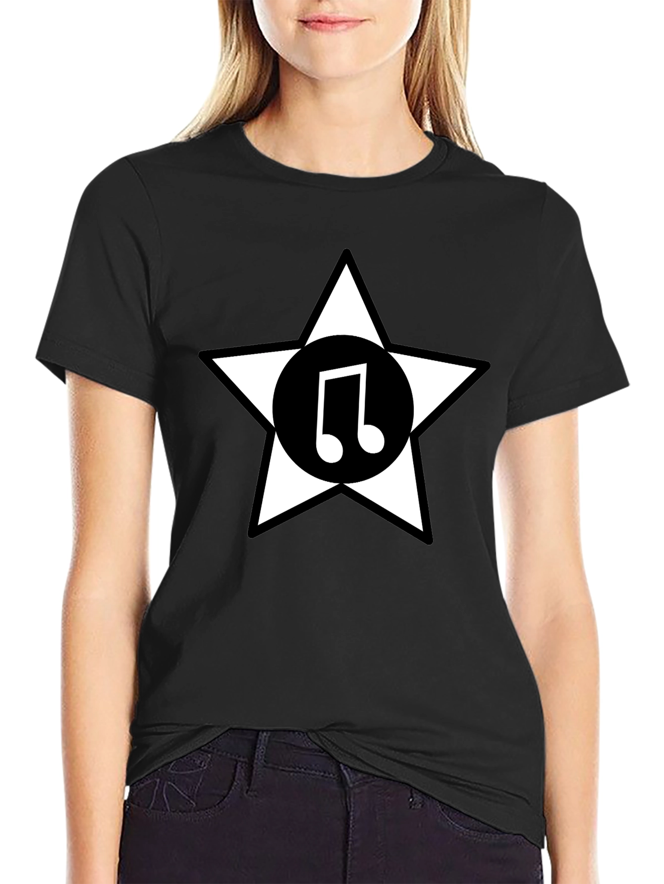 Star Music Note Graphic Tee - Black Cotton