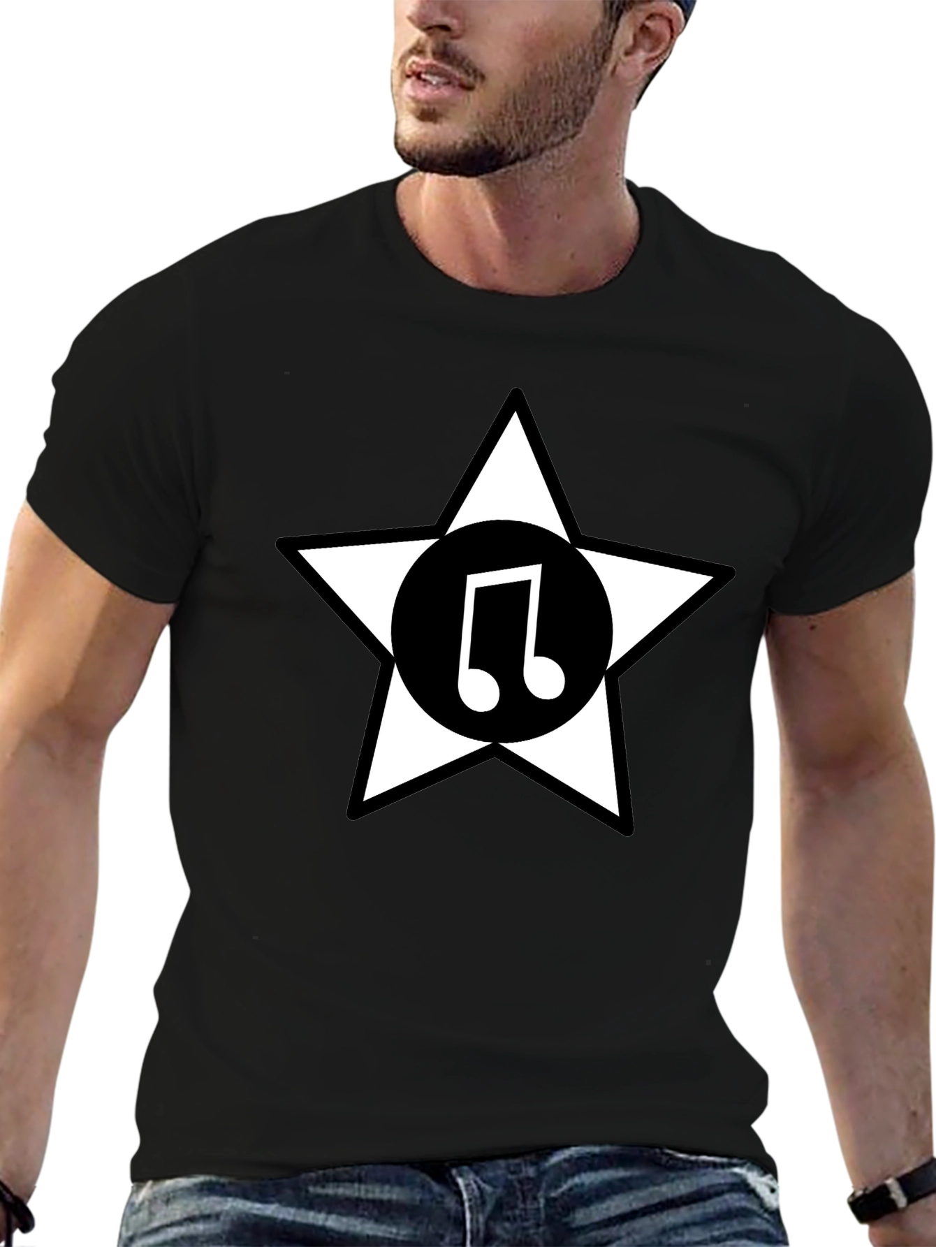 Star Music Note Graphic Tee - Black Cotton