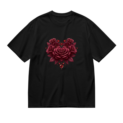 Romantic Heart-Shaped Burgundy Roses Plus Size Women Printed T-Shirt