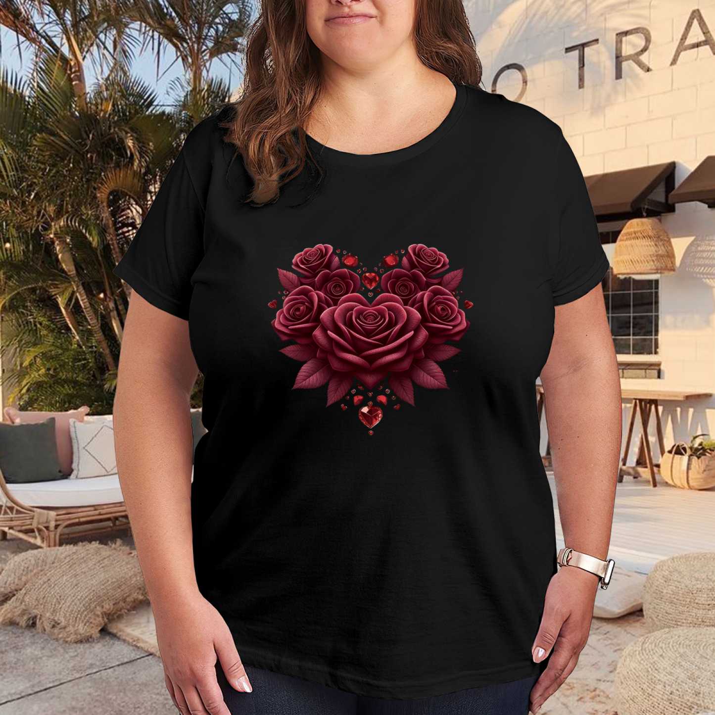 Romantic Heart-Shaped Burgundy Roses Plus Size Women Printed T-Shirt
