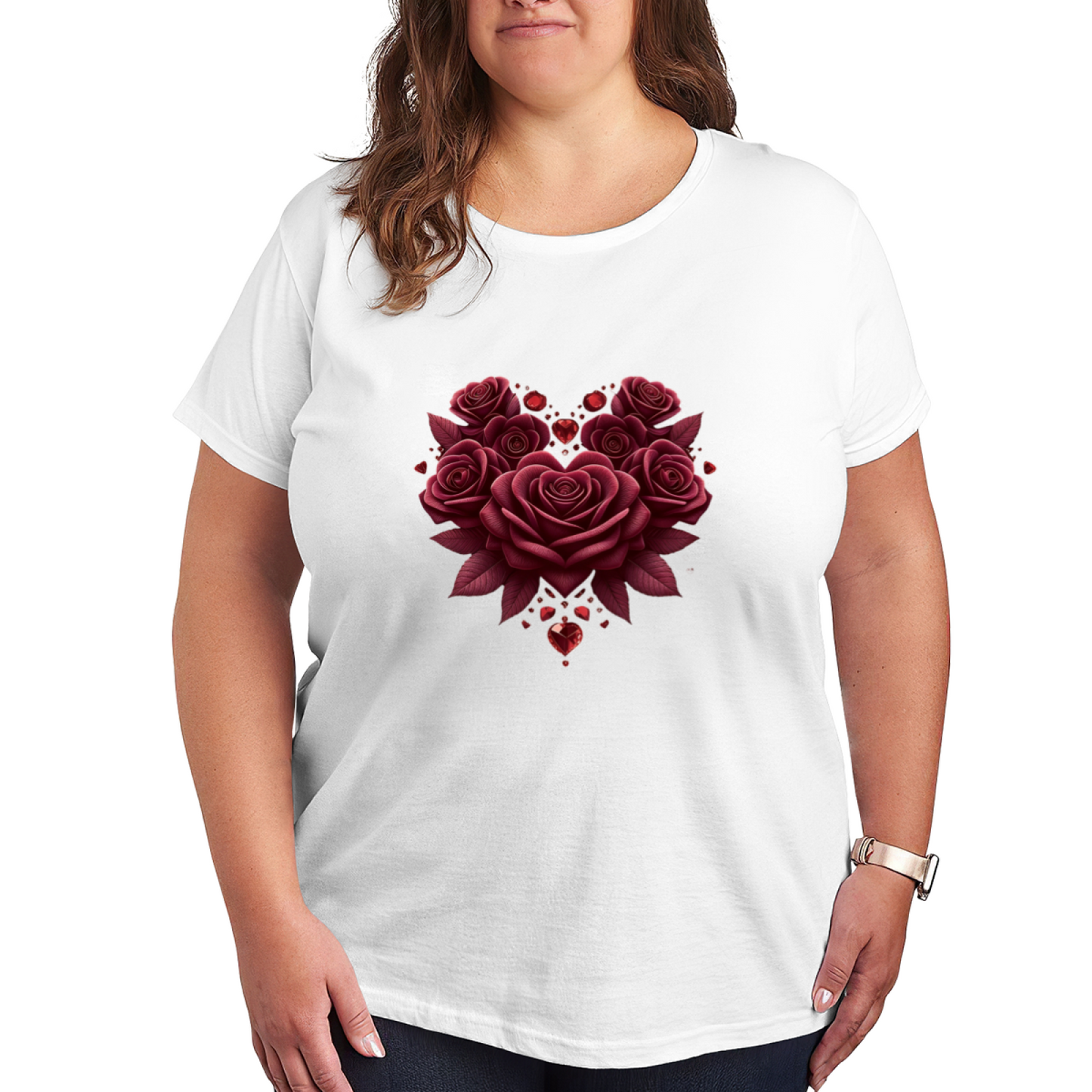 Romantic Heart-Shaped Burgundy Roses Plus Size Women Printed T-Shirt