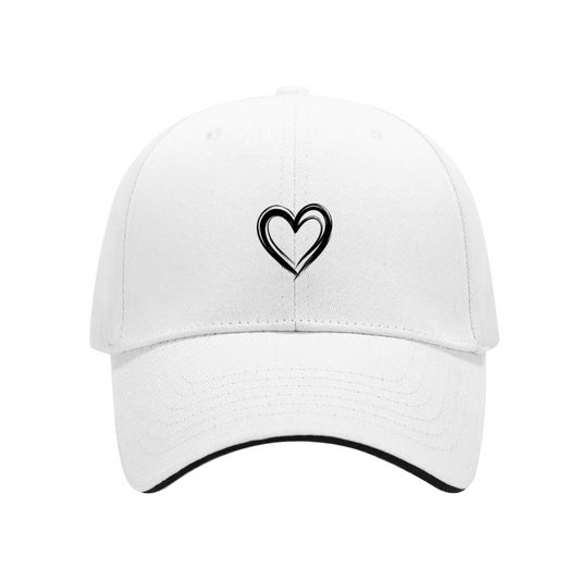 Double Outline Heart Minimalist White Sandwich Brim Baseball Cap, Cute Couple Daily Hat
