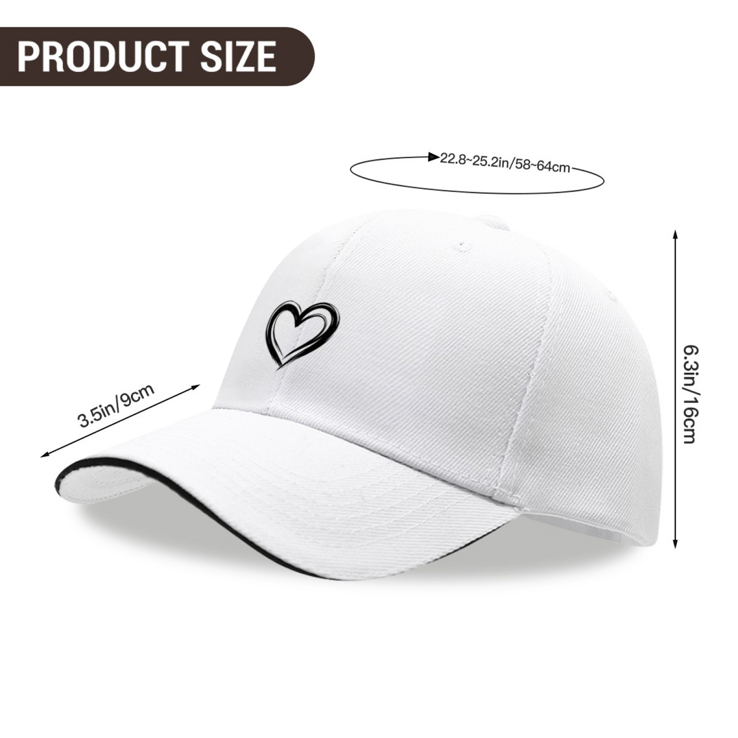 Double Outline Heart Minimalist White Sandwich Brim Baseball Cap, Cute Couple Daily Hat