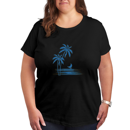 Tropical Palm Tree Moon Ocean Summer Beach Vibe Plus Size Women Printed T-Shirt