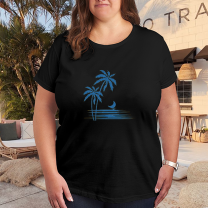 Tropical Palm Tree Moon Ocean Summer Beach Vibe Plus Size Women Printed T-Shirt