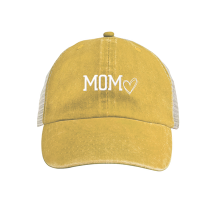 MOM Love Heart Embroidery Dusty Wine Red Distressed Trucker Hat, Sweet Mom Gift Breathable Mesh Cap