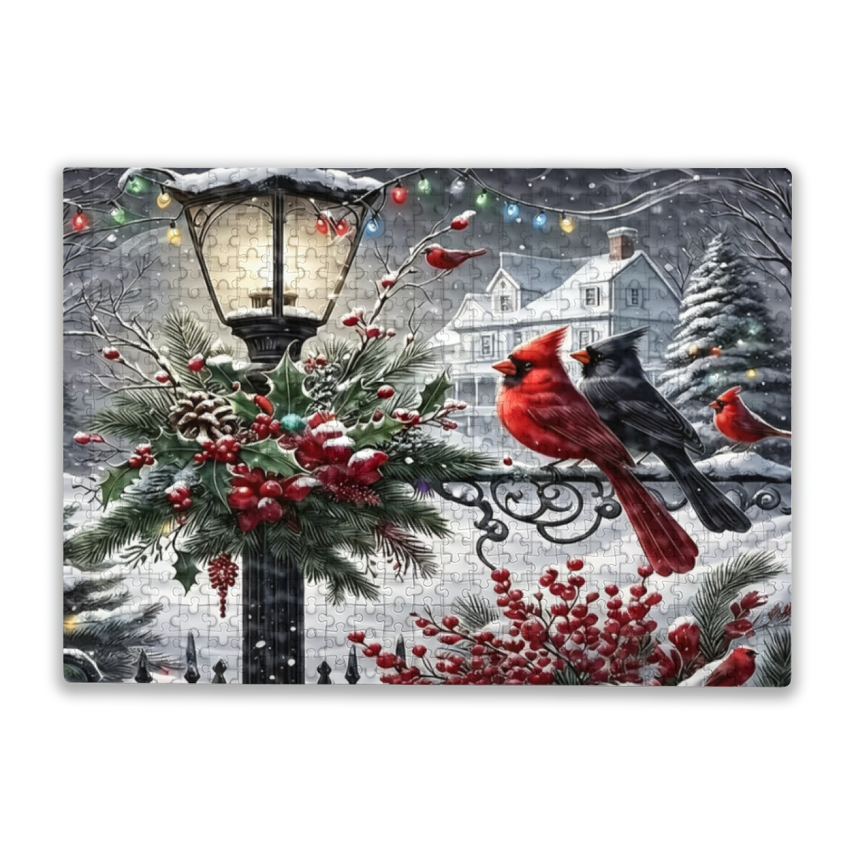 Winter Cardinals & Snowy Vintage Street Lamp Christmas Puzzle | 300/500/1000 Pieces