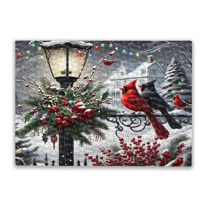 Winter Cardinals & Snowy Vintage Street Lamp Christmas Puzzle | 300/500/1000 Pieces