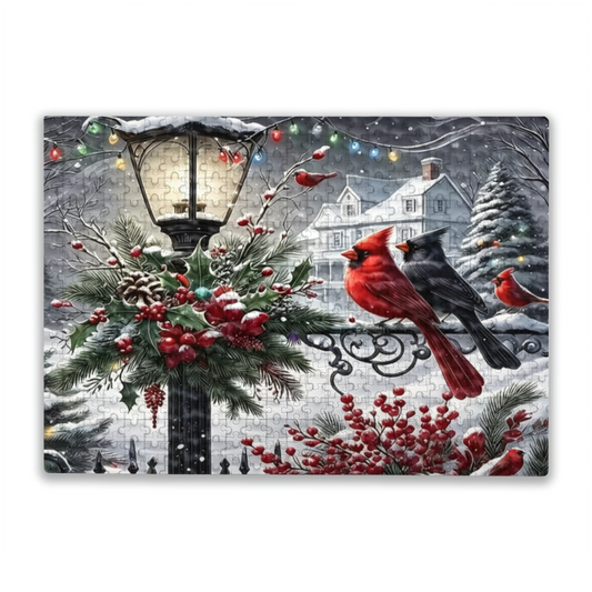 Winter Cardinals & Snowy Vintage Street Lamp Christmas Puzzle | 300/500/1000 Pieces