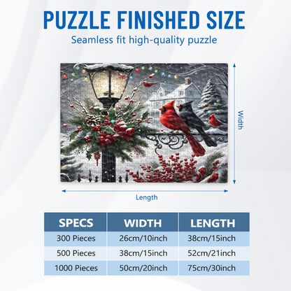Winter Cardinals & Snowy Vintage Street Lamp Christmas Puzzle | 300/500/1000 Pieces