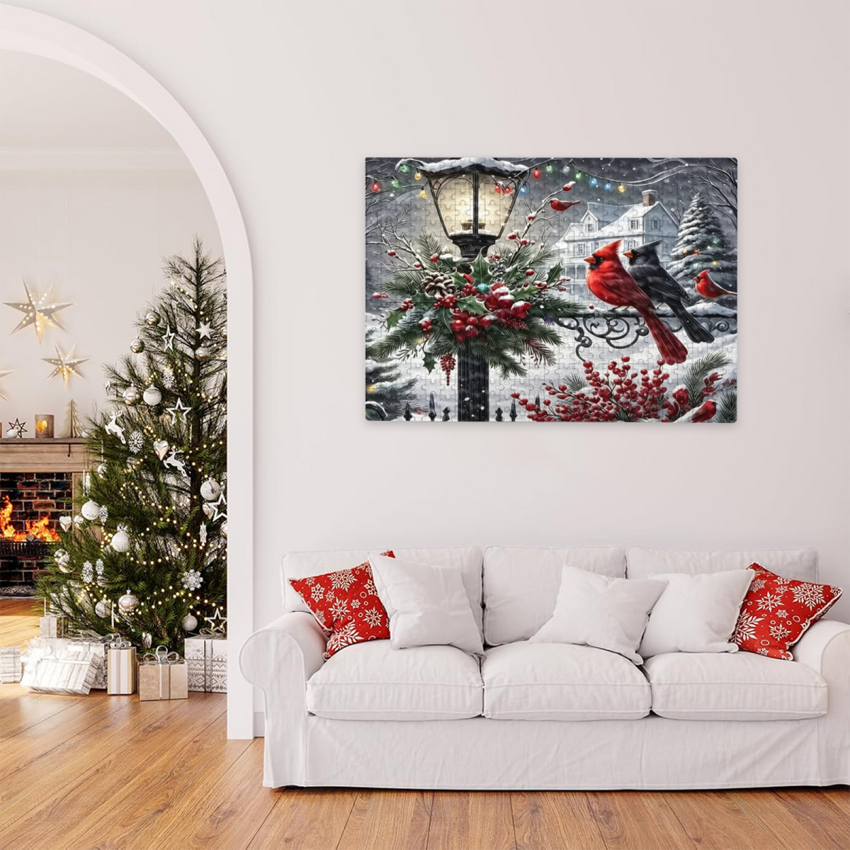 Winter Cardinals & Snowy Vintage Street Lamp Christmas Puzzle | 300/500/1000 Pieces