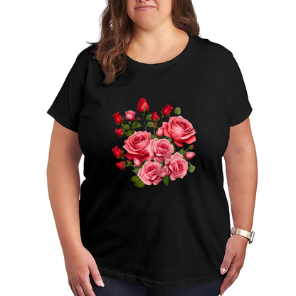 Romantic Pink Red Rose Bouquet Floral Plus Size Women¡¯s Printed T-Shirt