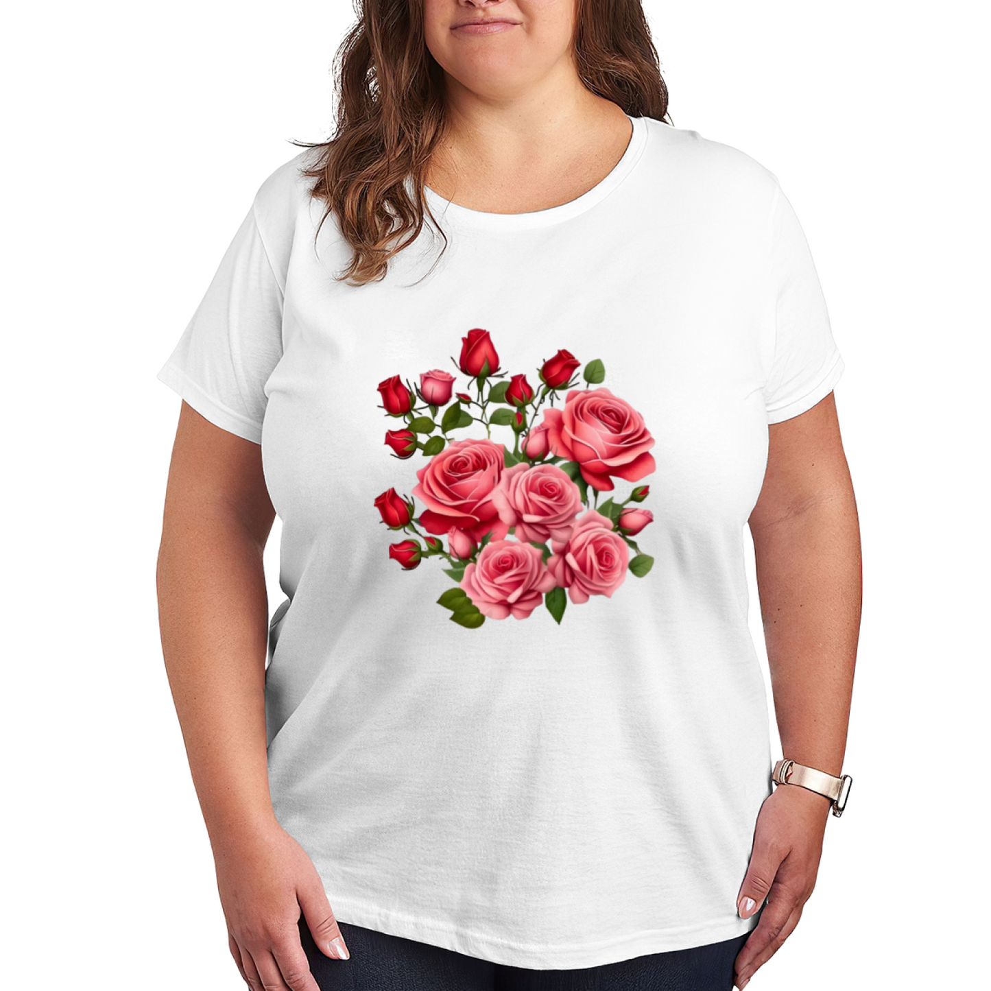 Romantic Pink Red Rose Bouquet Floral Plus Size Women¡¯s Printed T-Shirt