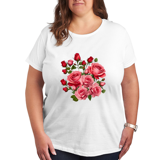 Romantic Pink Red Rose Bouquet Floral Plus Size Women¡¯s Printed T-Shirt
