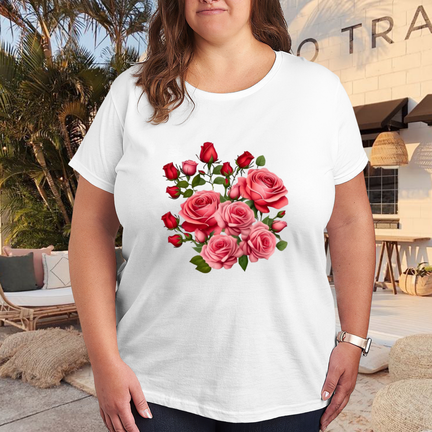 Romantic Pink Red Rose Bouquet Floral Plus Size Women¡¯s Printed T-Shirt