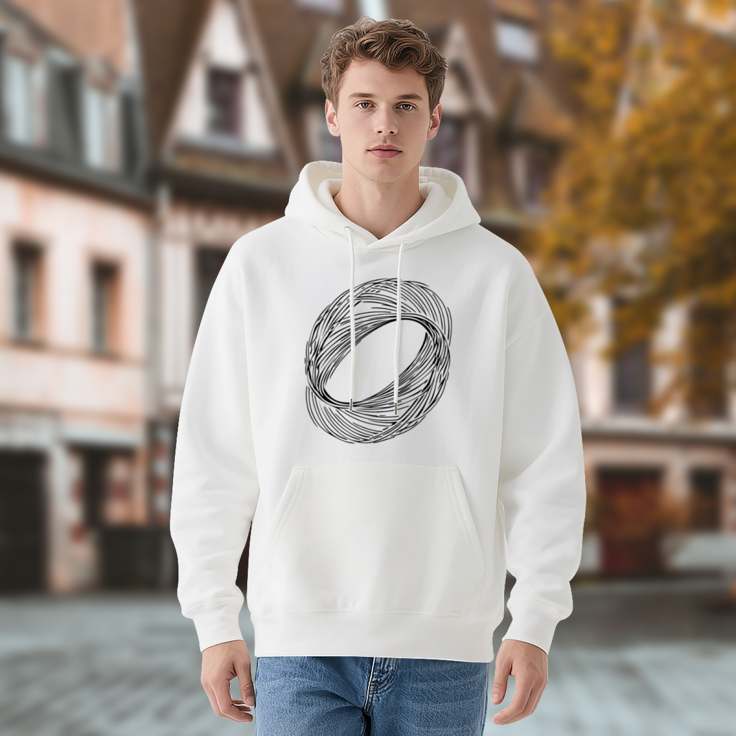 Minimalist Abstract Line Oval White Hoodie, Simple Comfort Minimalist Daily Hoodie