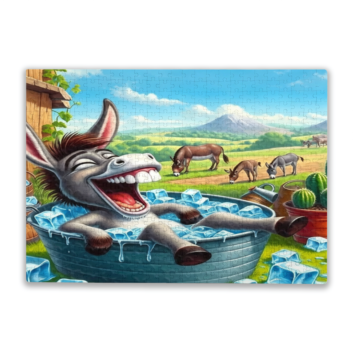 Hilarious Donkey Relaxing in Ice Tub Farm Cartoon Puzzle