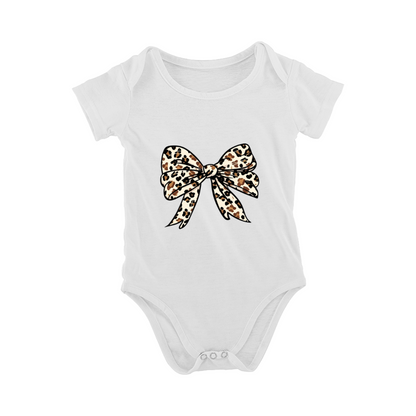 Leopard Print Bow Cute Baby Girl Soft White Bodysuit