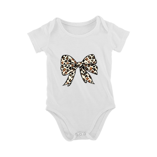 Leopard Print Bow Cute Baby Girl Soft White Bodysuit
