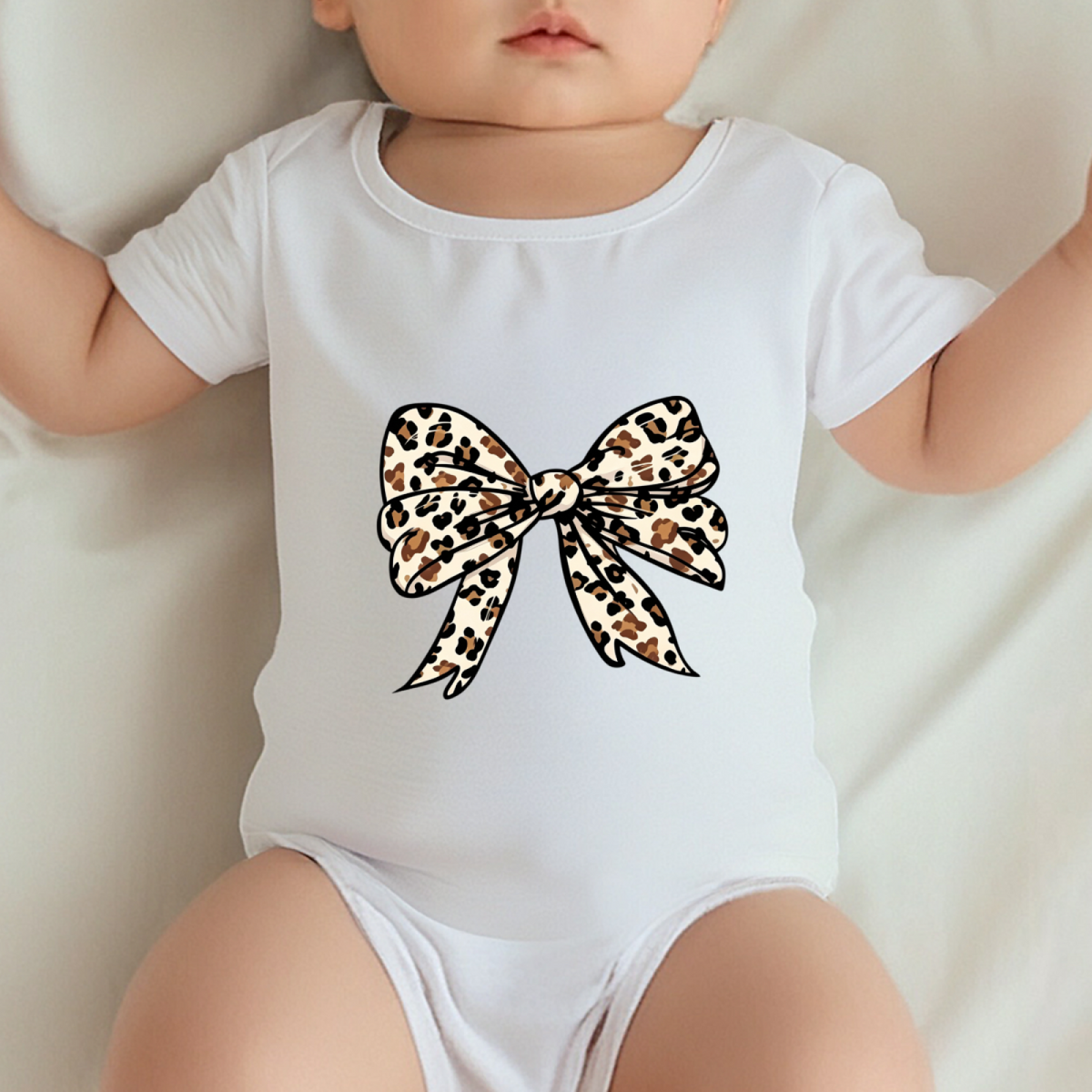 Leopard Print Bow Cute Baby Girl Soft White Bodysuit
