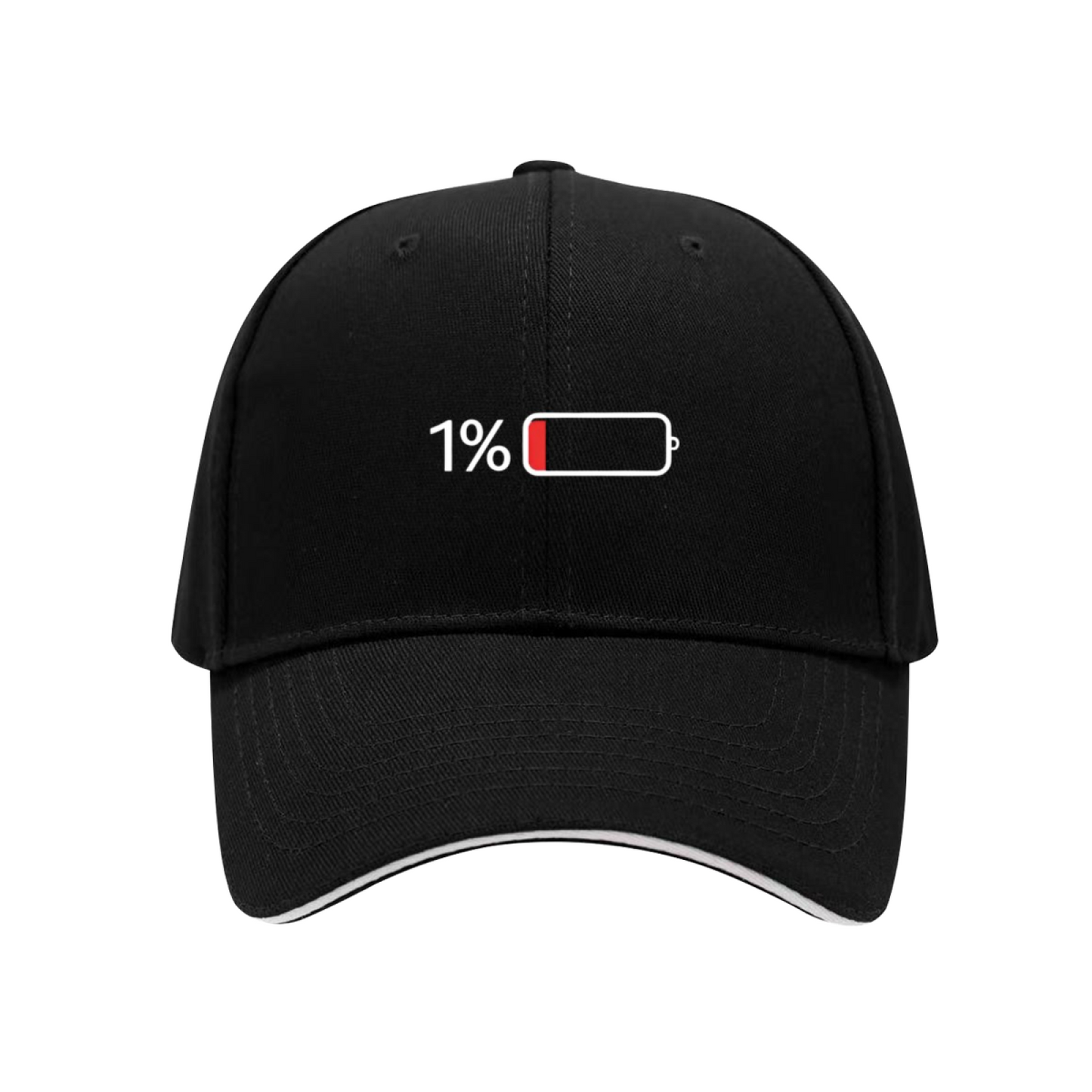 Funny 1% Low Battery Black Sandwich Brim Baseball Cap Lazy Mood Statement Hat