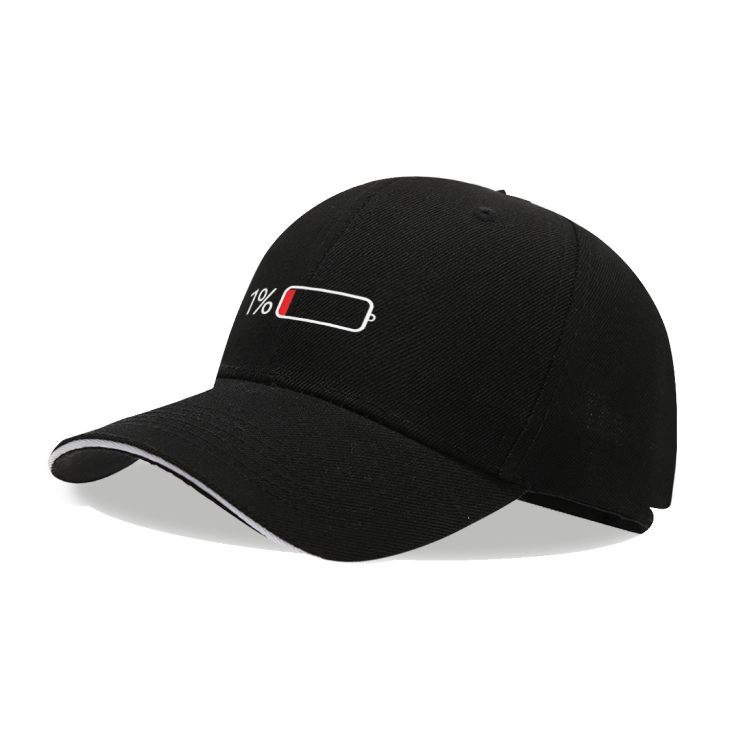 Funny 1% Low Battery Black Sandwich Brim Baseball Cap Lazy Mood Statement Hat