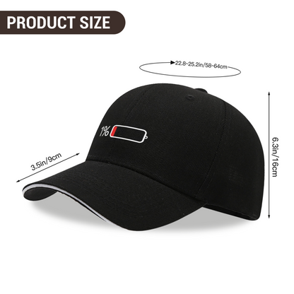 Funny 1% Low Battery Black Sandwich Brim Baseball Cap Lazy Mood Statement Hat