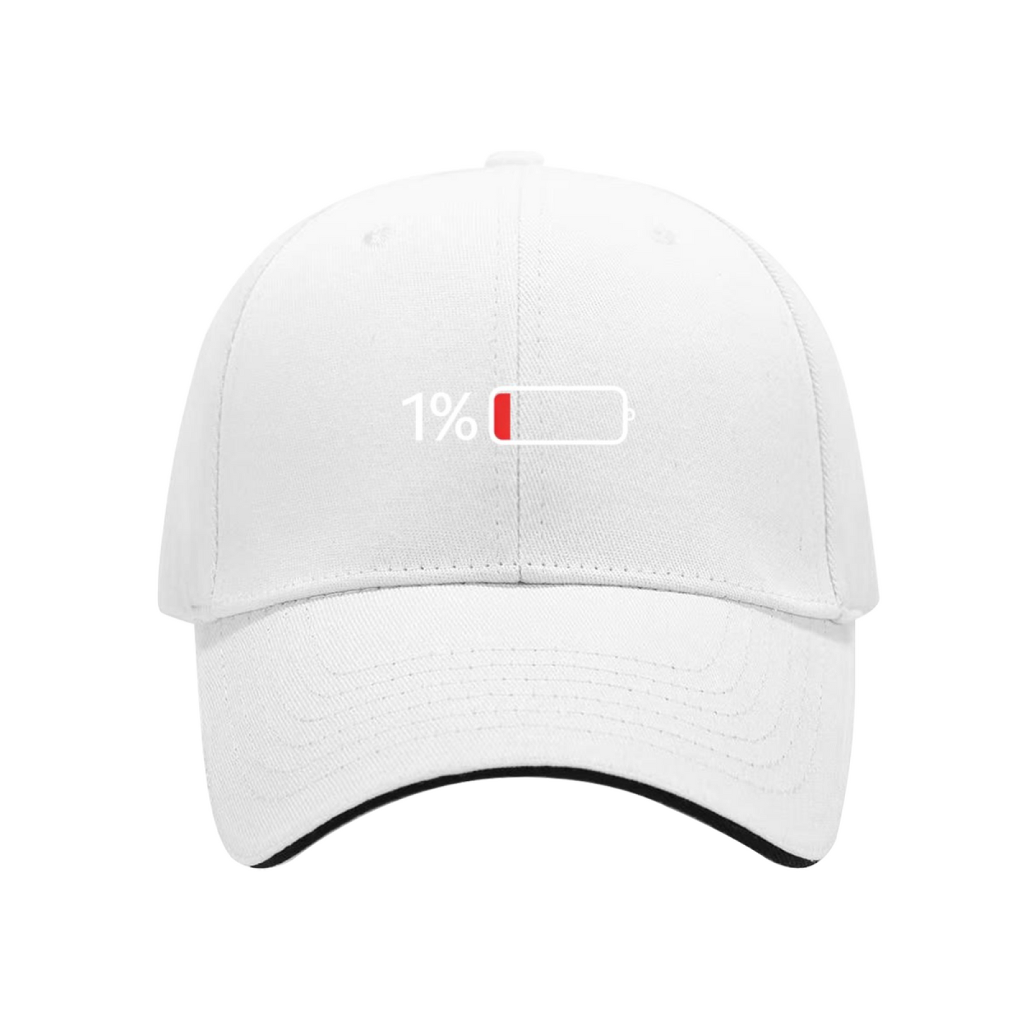 Funny 1% Low Battery Black Sandwich Brim Baseball Cap Lazy Mood Statement Hat