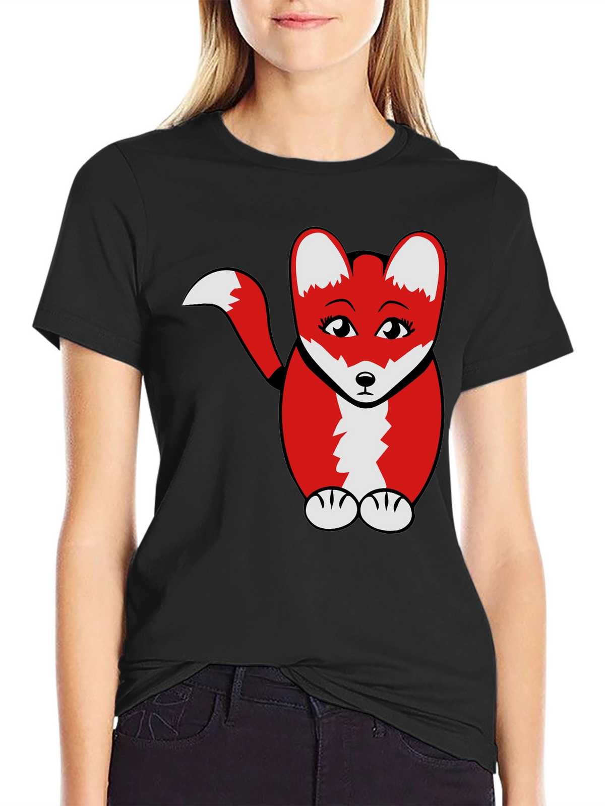 Cute Cartoon Fox Graphic T-Shirt - Black