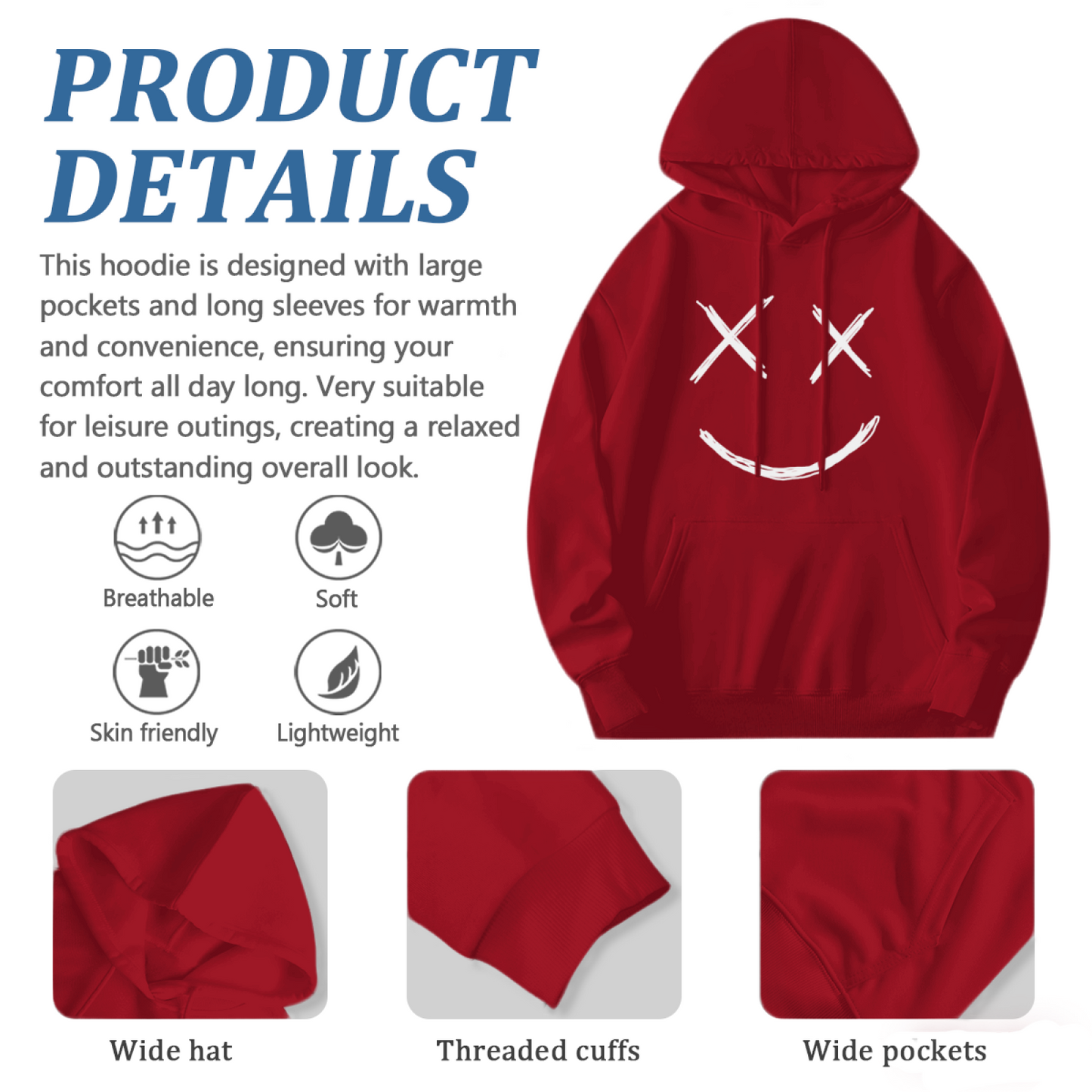 Cross Eyes Smiley Face Red Hoodie, Fun Comfort Trendy Unisex Hooded Top