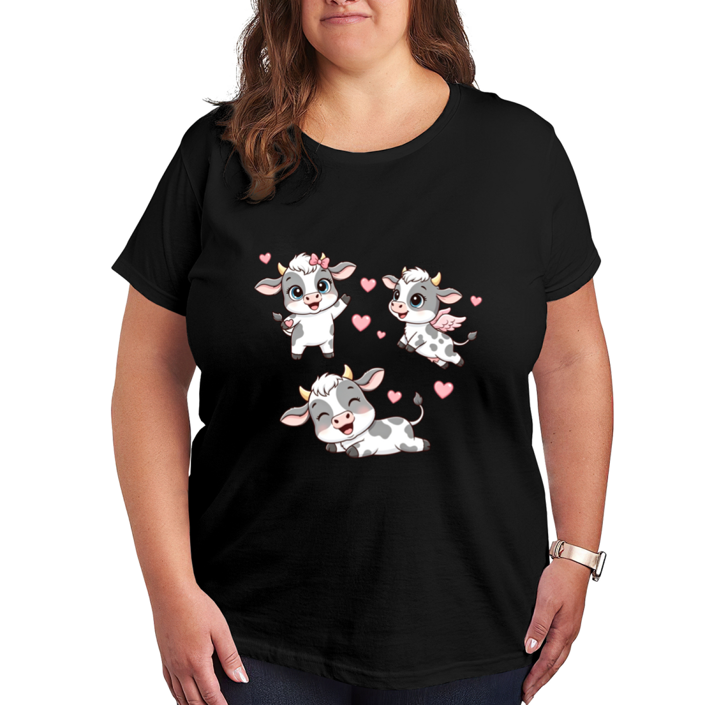 Cute Angel Calf Pink Hearts Plus Size Women Graphic T-Shirt
