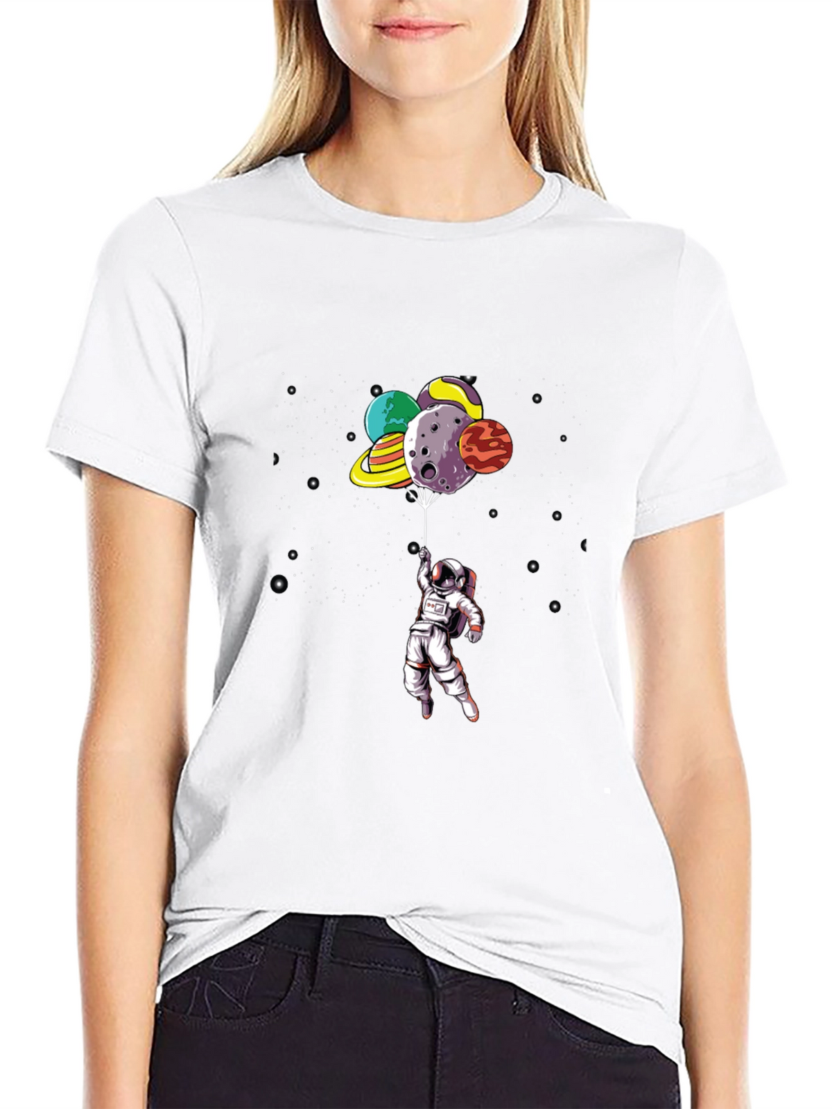 Astronaut Planet Balloon Black Graphic Tee