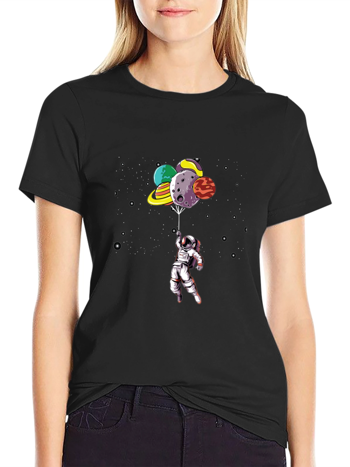 Astronaut Planet Balloon Black Graphic Tee