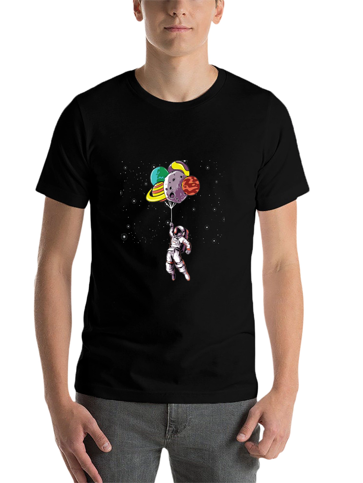 Astronaut Planet Balloon Black Graphic Tee