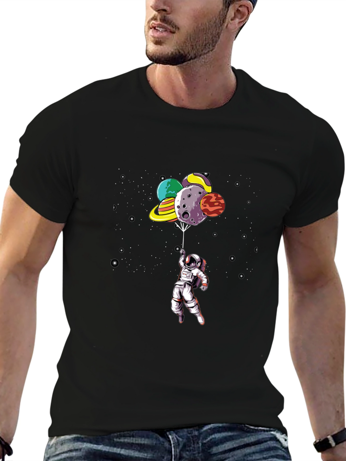 Astronaut Planet Balloon Black Graphic Tee