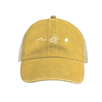 Wave Turtle Sun Bright Blue Washed Mesh Trucker Cap, Beach Ocean Retro Breathable Hat