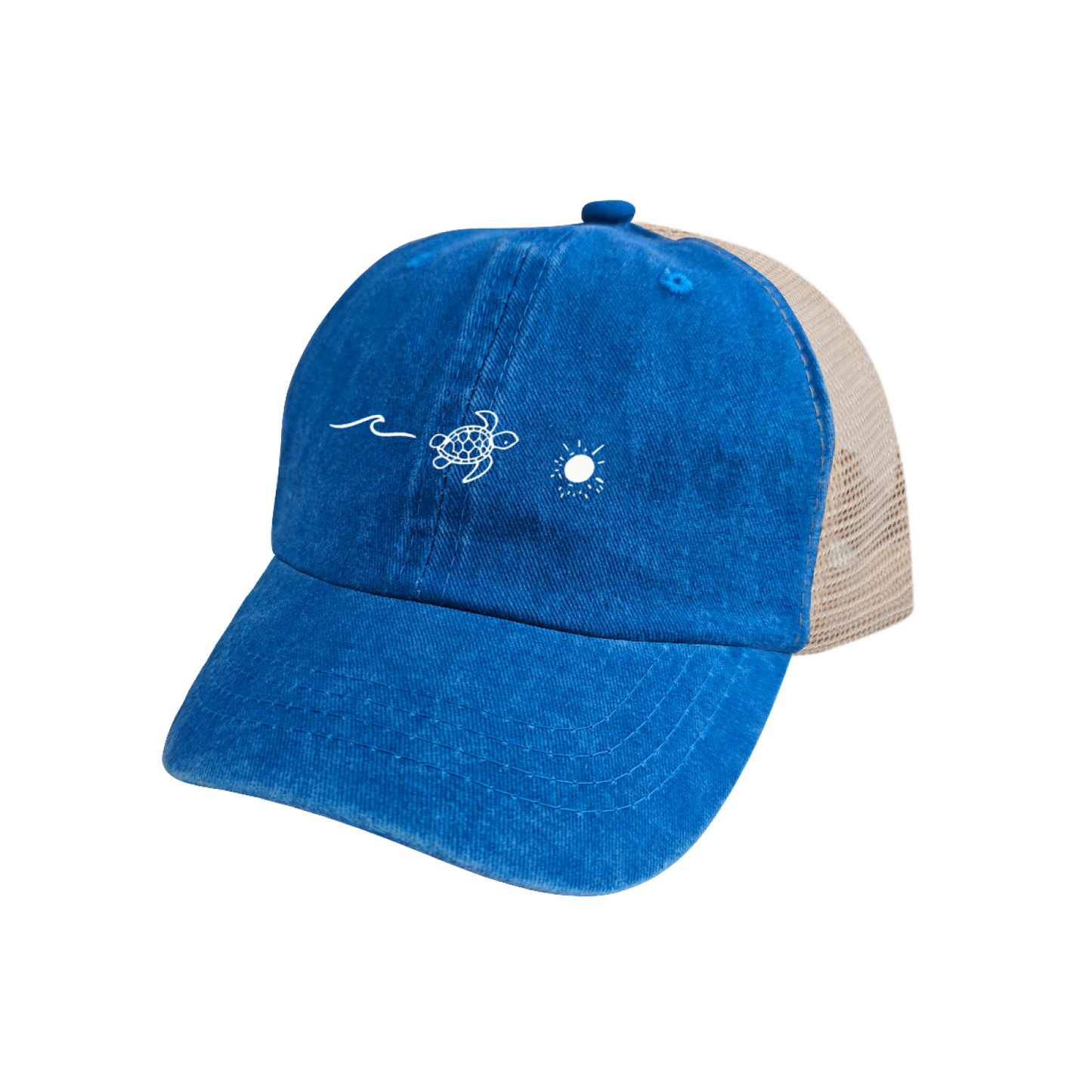 Wave Turtle Sun Bright Blue Washed Mesh Trucker Cap, Beach Ocean Retro Breathable Hat