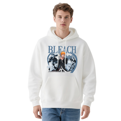 BLEACH Classic Anime Character Graphic White Hoodie, Unisex Soft Relaxed Fit Hooded Top