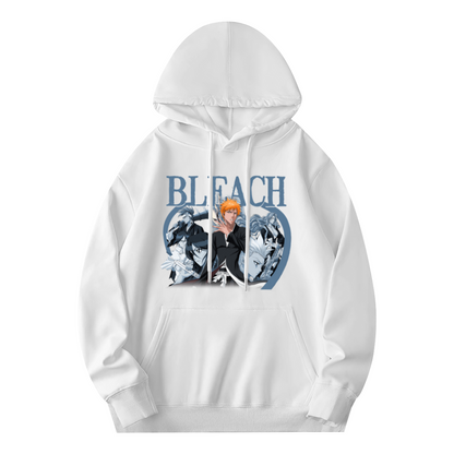 BLEACH Classic Anime Character Graphic White Hoodie, Unisex Soft Relaxed Fit Hooded Top