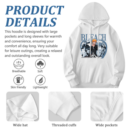 BLEACH Classic Anime Character Graphic White Hoodie, Unisex Soft Relaxed Fit Hooded Top