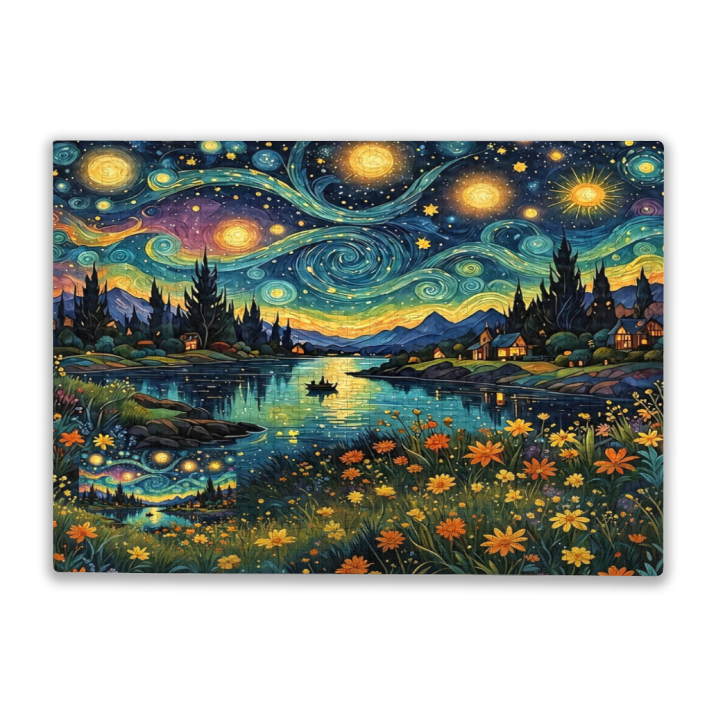 Starry Night Dreamy Lakeside Landscape Jigsaw Puzzle | Van Gogh Style Whirlpool Sky Art Puzzle 300/500/1000pcs