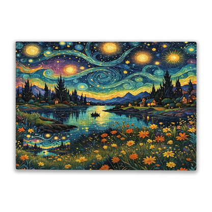 Starry Night Dreamy Lakeside Landscape Jigsaw Puzzle | Van Gogh Style Whirlpool Sky Art Puzzle 300/500/1000pcs