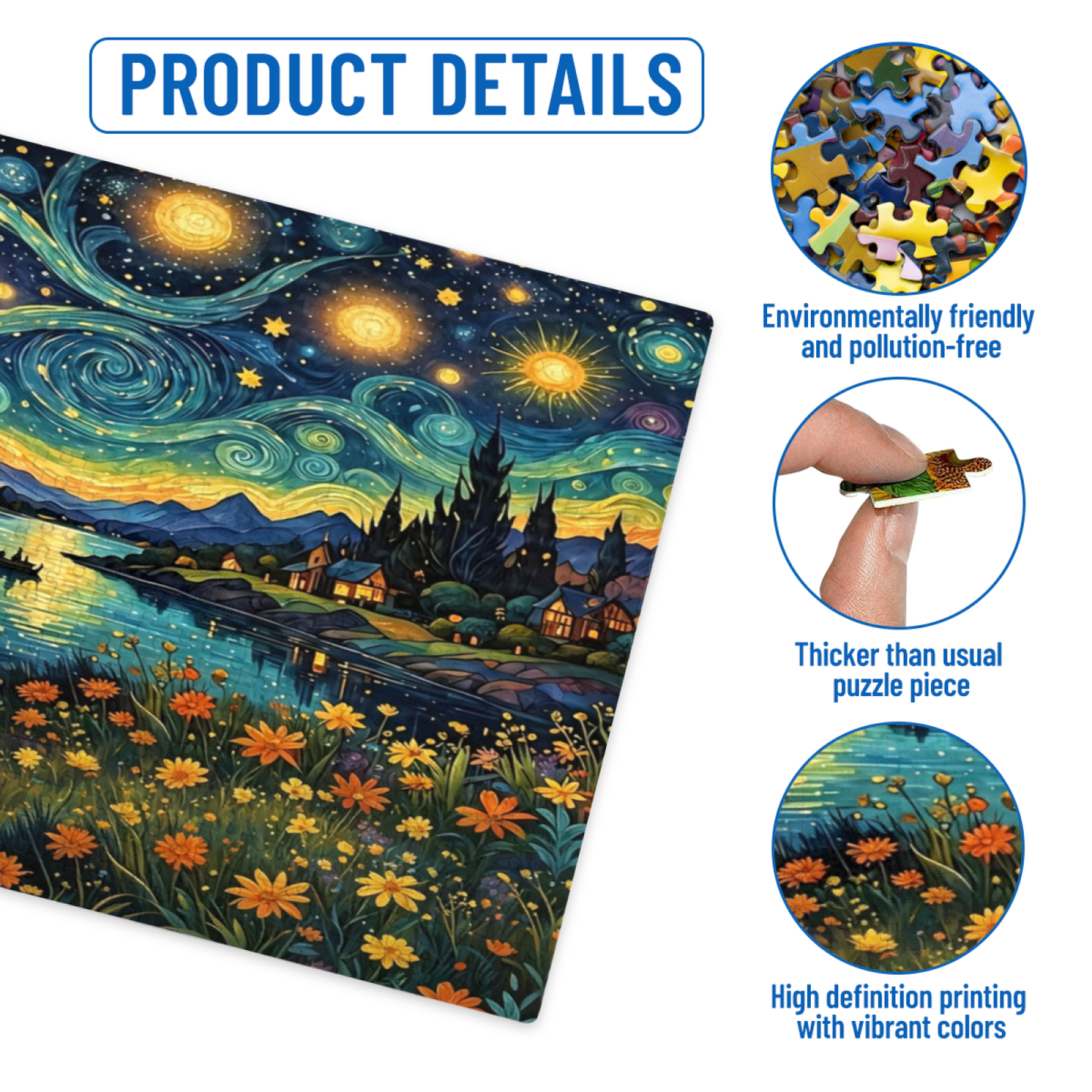 Starry Night Dreamy Lakeside Landscape Jigsaw Puzzle | Van Gogh Style Whirlpool Sky Art Puzzle 300/500/1000pcs