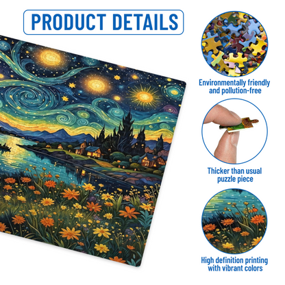 Starry Night Dreamy Lakeside Landscape Jigsaw Puzzle | Van Gogh Style Whirlpool Sky Art Puzzle 300/500/1000pcs