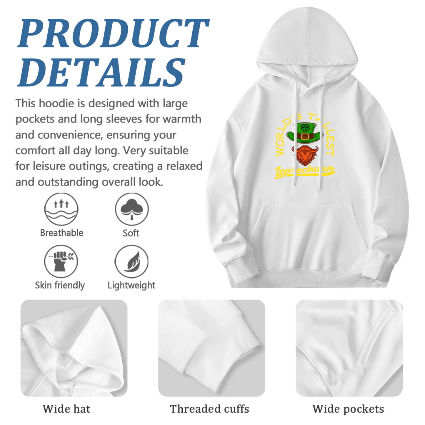 World¡¯s Tallest Leprechaun White Hoodie, St Patrick Day Cozy Casual Pullover Unisex